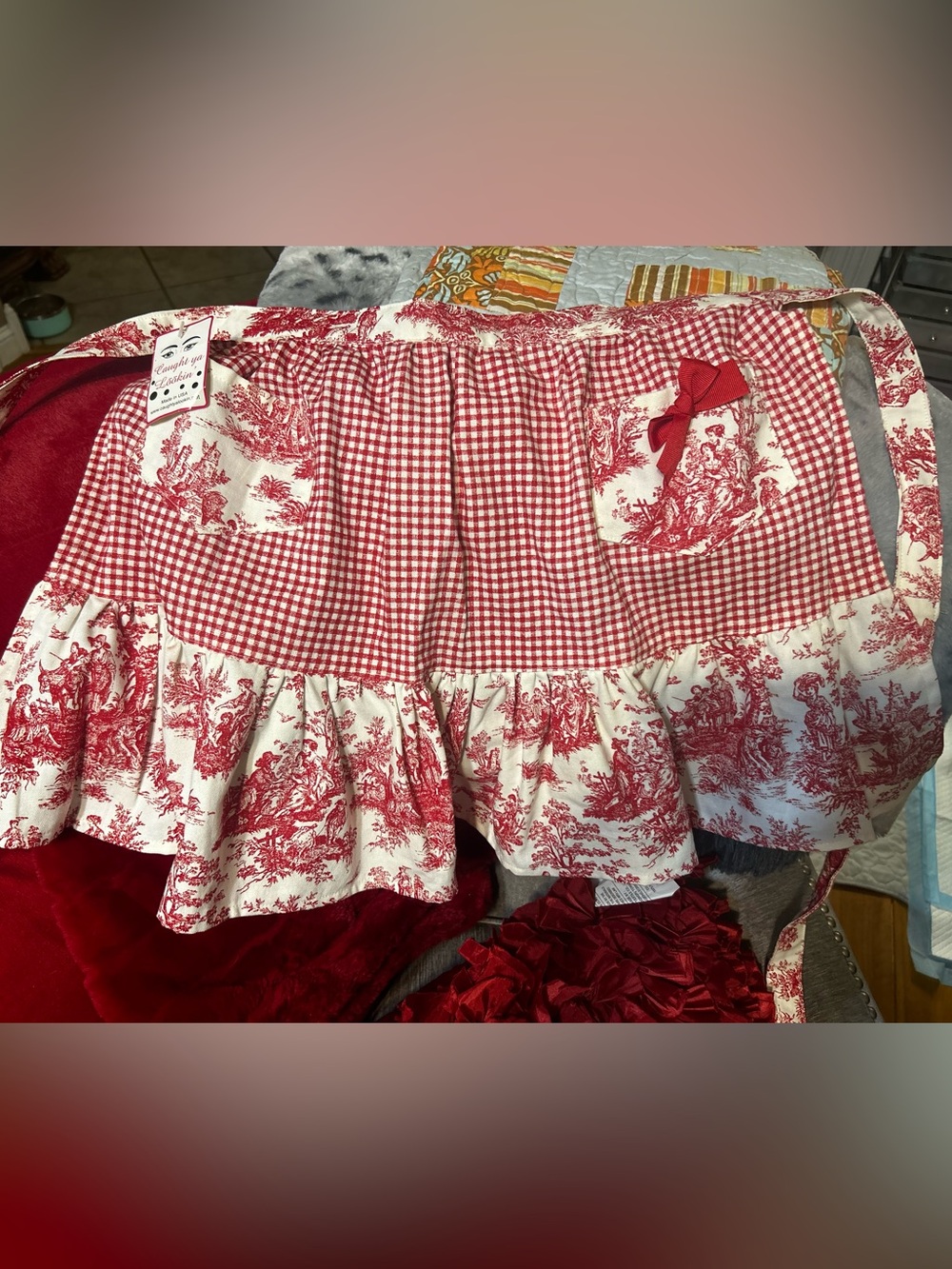 Classic Red Toile & Gingham Half Apron with Pocket Bow